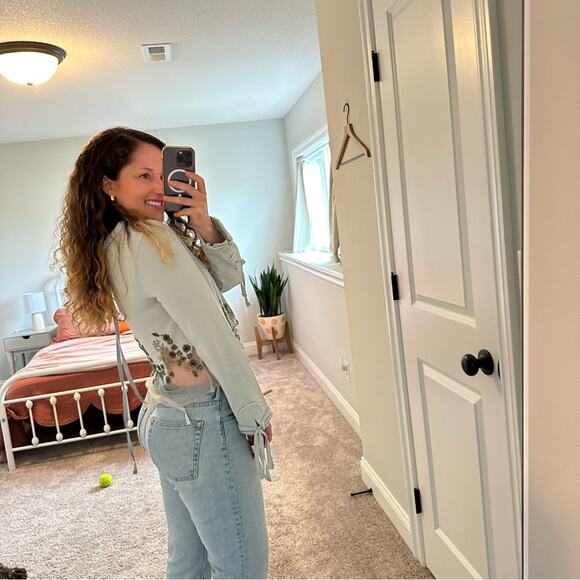 Anthropologie Let Me Be Gray Sweatshirt Beaded Floral Mesh Small - Picture 2 of 12